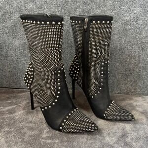 Azelea Wang  Studded Rhinestone Ankle Boots Womens Black Excellent Stiletto Edg‎